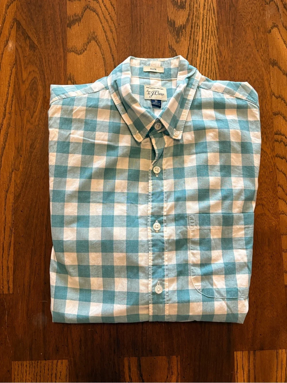 J. Crew Men's Teal and White Gingham Button-Down Shirt